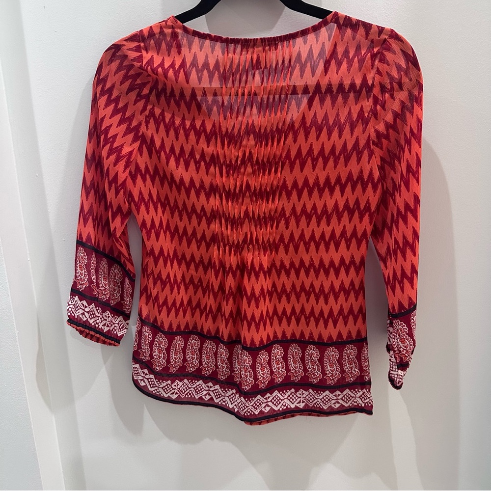 Lucky Brand Sheer Orange & Red Zigzag Boho Blouse size XS - Picture 6 of 8